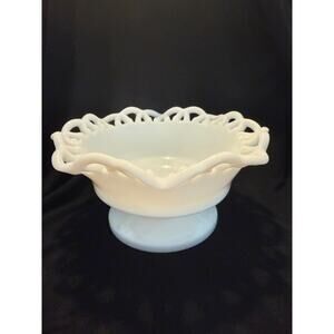 Medium 7" Wide Milk Glass White Ruffled Lace Edge Pedestal Candy Trinket Dish